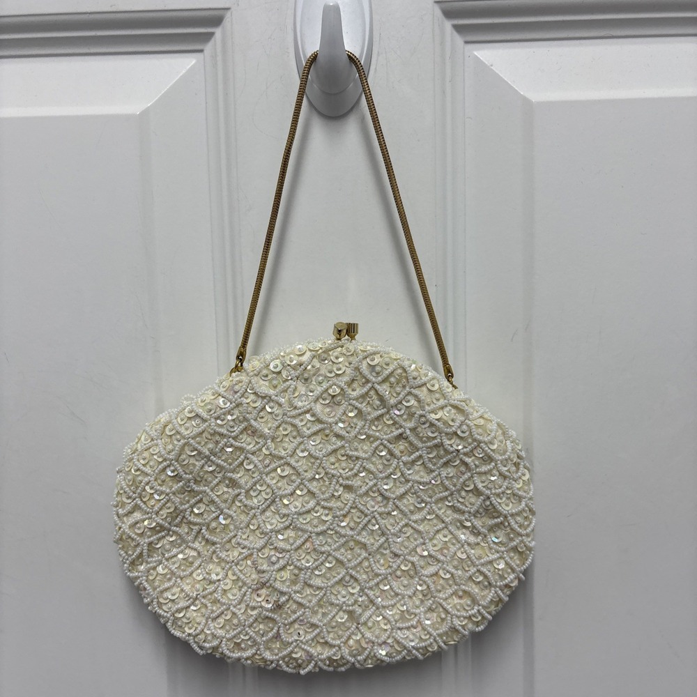 Vintage Beaded Hand Made Hong Kong White Rhinestone Gold Purse Bag Handbag